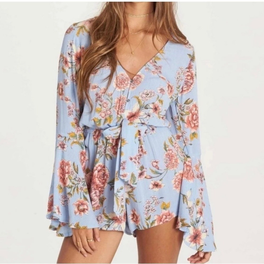 Billabong Blue Floral Sittin Pretty Romper Y2K M